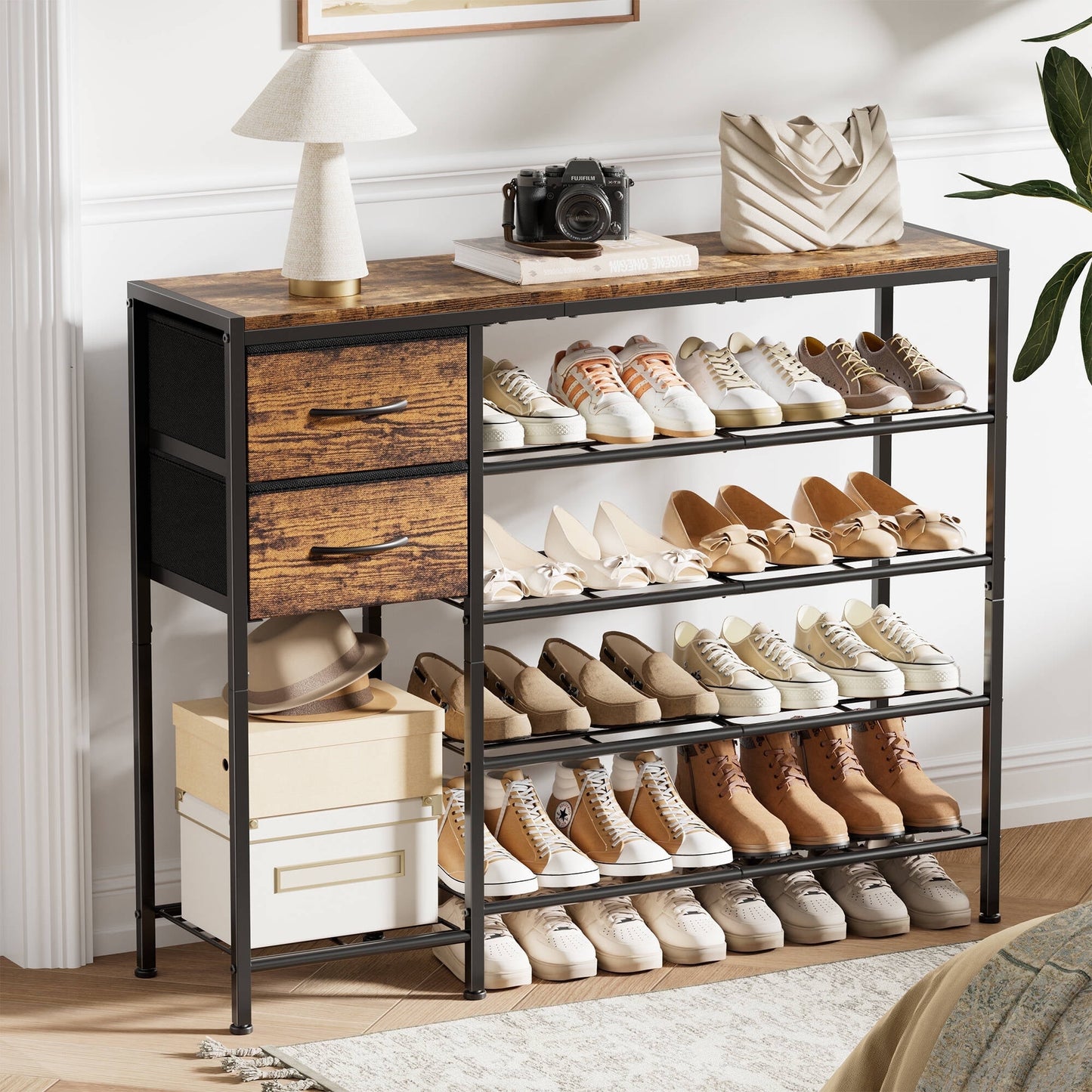 BGTREND 5-Tier Shoe Rack with Wooden Top and 2 Fabric Drawers, 16-21Pairs Shoe Storage Organizer with Boots Storage, Wide Shoe Stand for Entryway Hallway Closet(37.4''L, Rustic Brown)