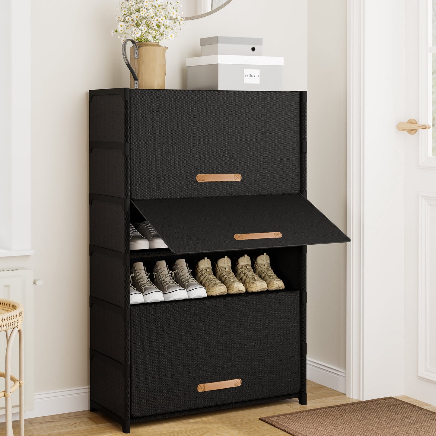 BGTREND 7 Tier Shoe Rack with Covers Shoe Storage Organizer Holds 28 Pairs for Closet Entryway Hallway, Black