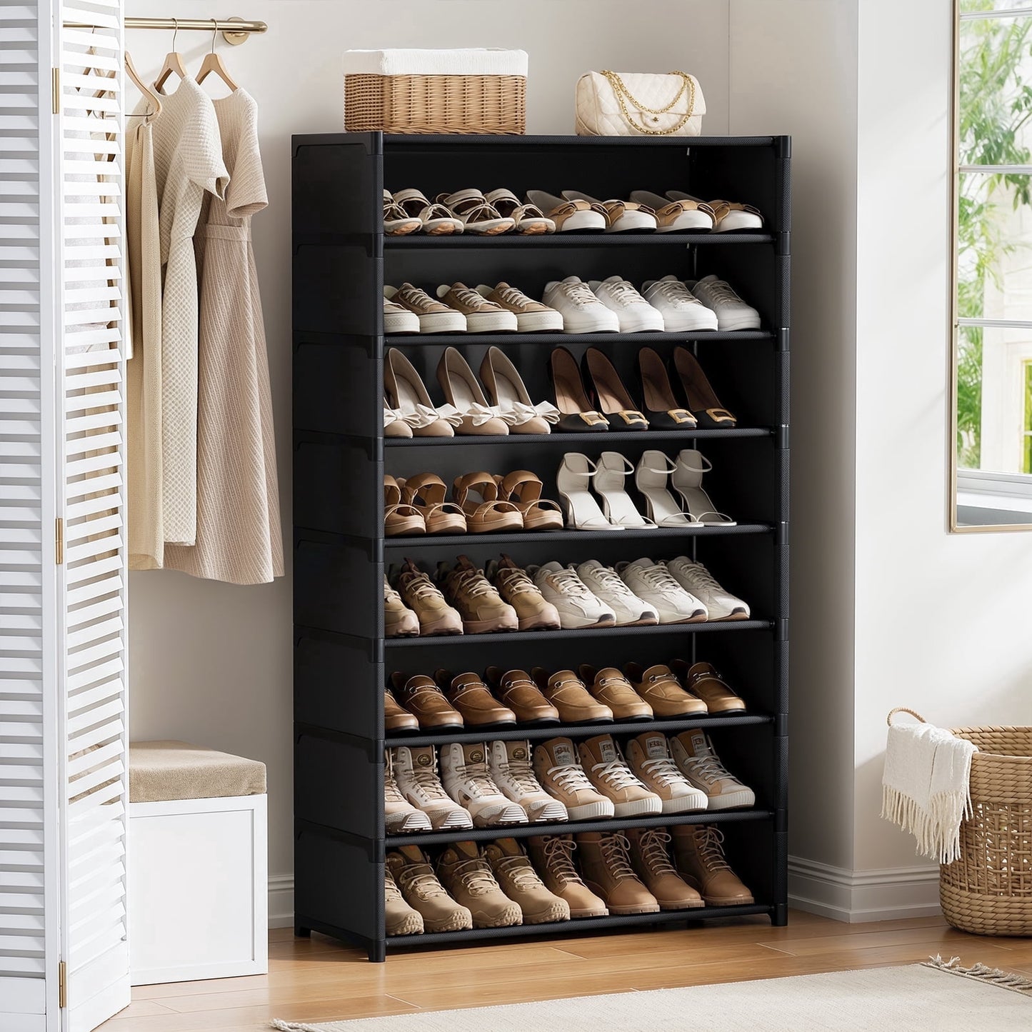 BGTREND 9 Tier Shoe Rack with Door 28 Pair Shoe Shelves Organizer for Closet, Entryway, Hallway, Bedroom, Black