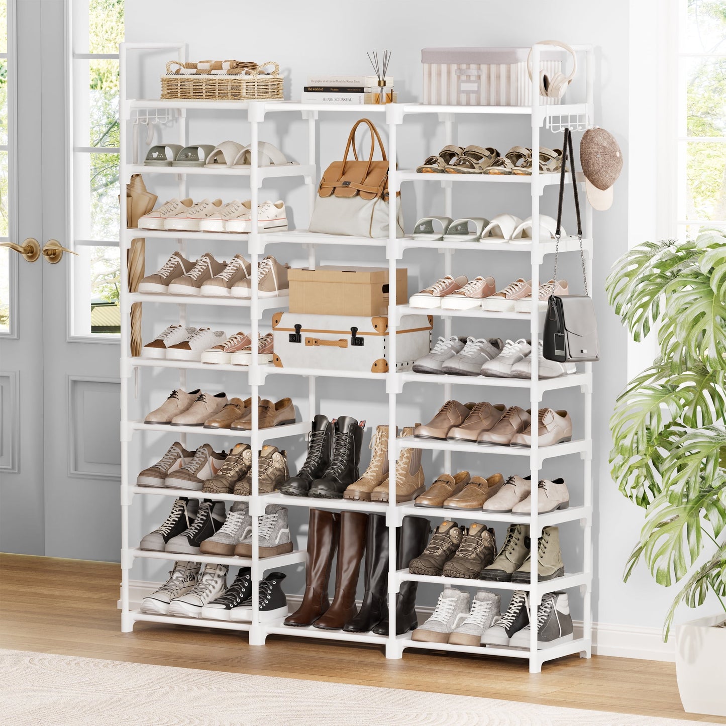 BGTREND 9 Tiers Large Shoe Rack 3 Columns Metal Shoe Storage Organizer 50-55 Pairs Joinable Shoe Tower for Closet Entryway (62 inches, White)