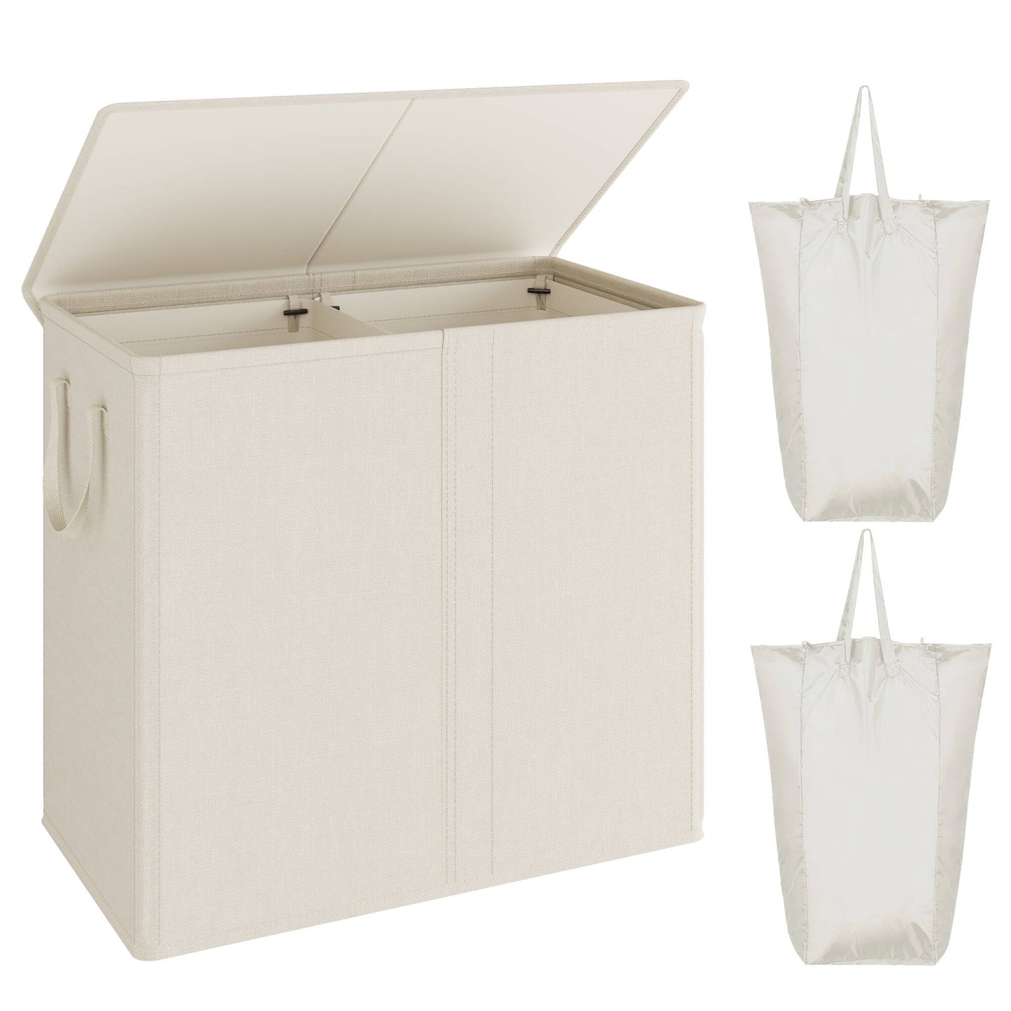 BGTREND Double Laundry Hamper with Lid 110L Laundry Basket with Removable Liner Bags Collapsible Laundry Sorter Dirty Clothes Hamper (Beige)