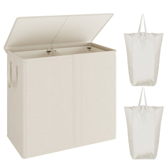 BGTREND Double Laundry Hamper with Lid 110L Laundry Basket with Removable Liner Bags Collapsible Laundry Sorter Dirty Clothes Hamper (Beige)