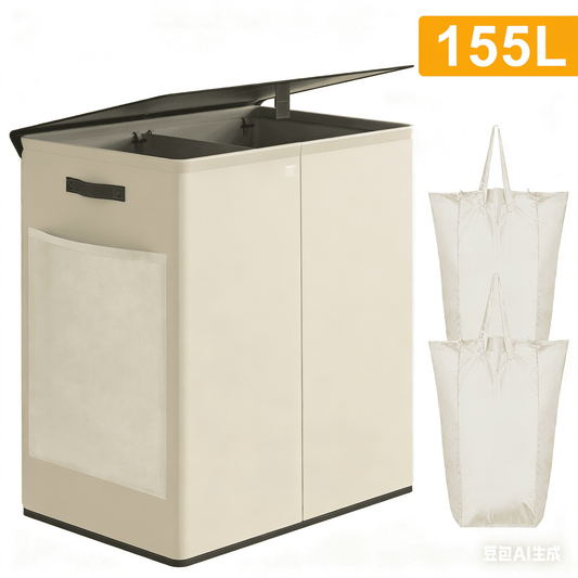 BGTREND Double Laundry Hamper with Lid 155L Laundry Basket with Removable Liner Bags & Side Mesh Pocket Collapsible Laundry Sorter Dirty Clothes Hamper (Wheat)