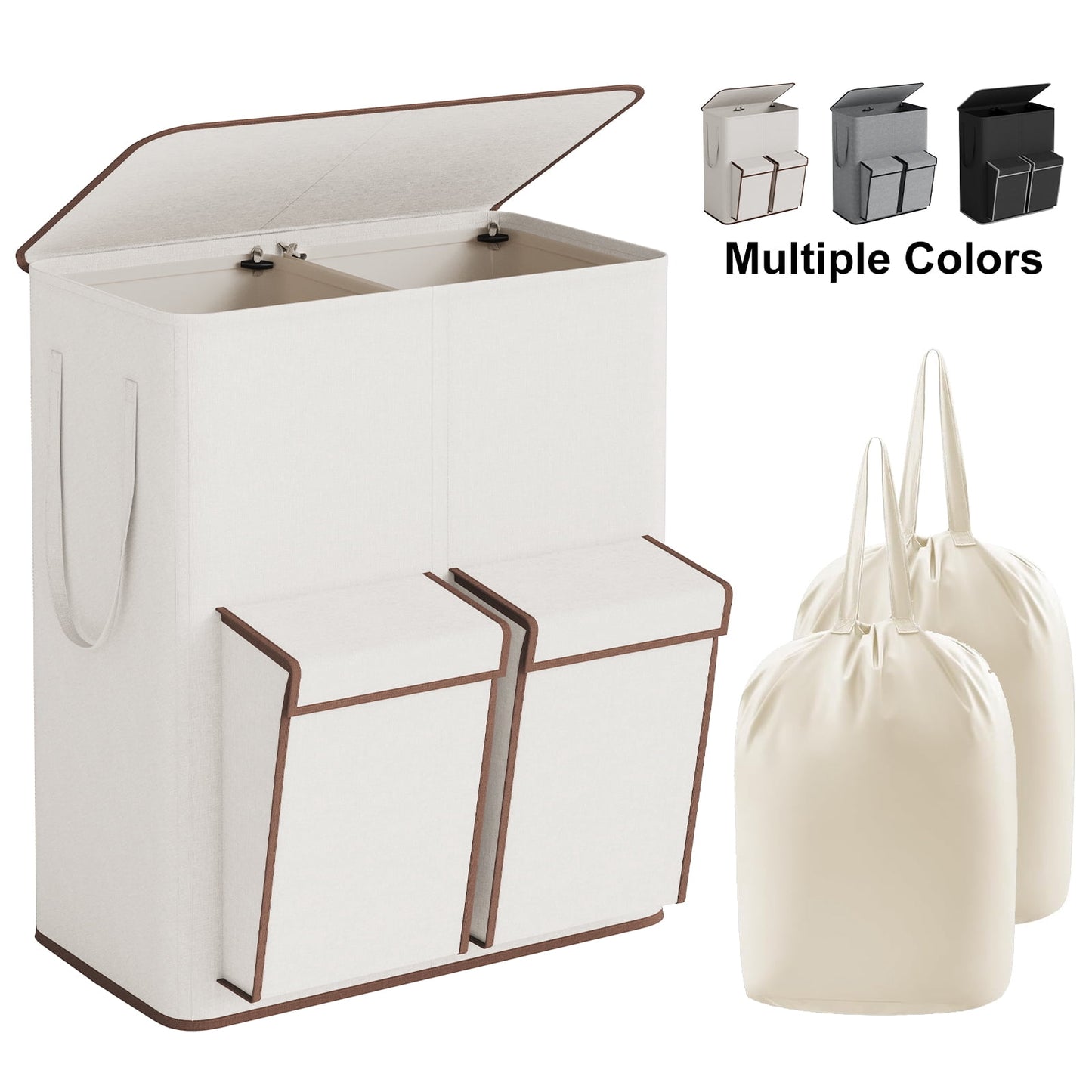 BGTREND Double Laundry Hamper with Lid, 180L Dirty Clothes Basket with 2 Removable Bags & 2 Side Pockets, Collapsible Laundry Sorter, Beige