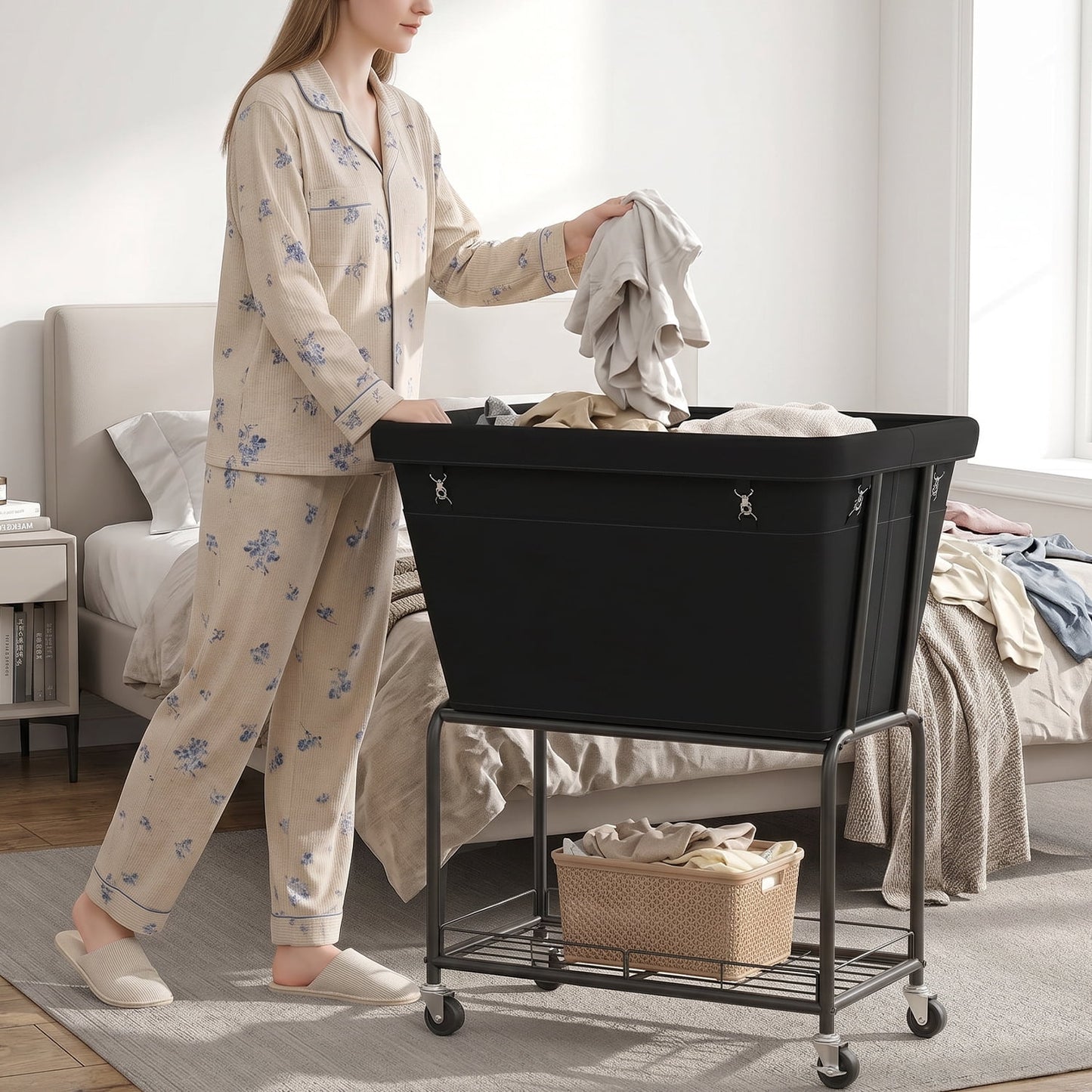 BGTREND 130L Rolling Laundry Cart with Storage Shelf, Metal Frame Clothes Hamper with Removable Bag, 4 Casters with 2 Brakes, Utility Carts, Black