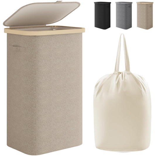 BGTREND Slim Laundry Hamper with Lid 110L Foldable Clothes Basket with Removable Mesh Bag & Handle for Closet Bathroom Bedroom (Beige)