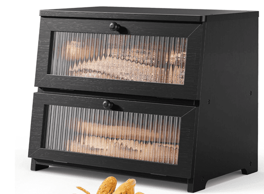 BGTREND Bread Box With Trapezoidal Bamboo for Kitchen Countertop, Spacious Wooden Corner Bread Storage Container, Under Cabinet Organizer(Black,Double Layer)