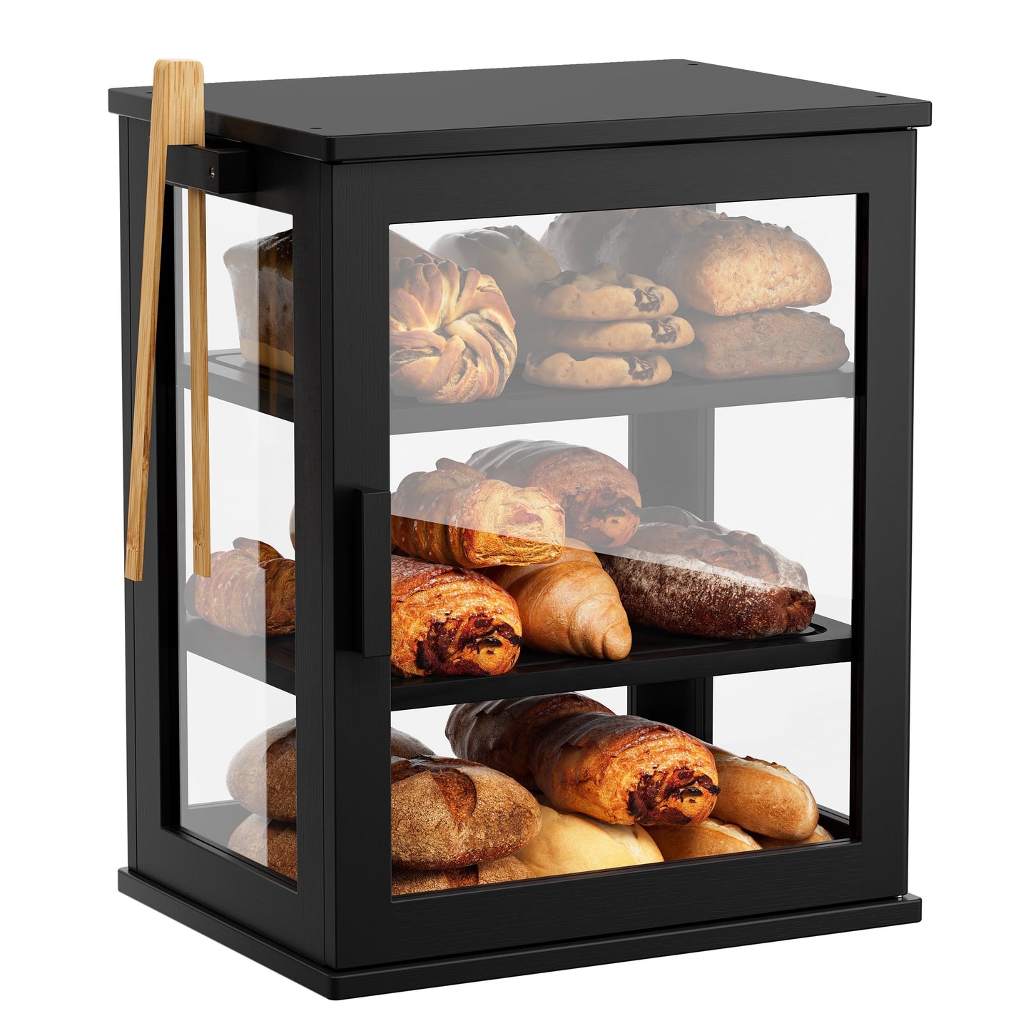 BGTREND Bread Box With Three Layer Bamboo for Kitchen Countertop, Spacious Wooden Corner Bread Storage Container, Under Cabinet Organizer(Black,Small)