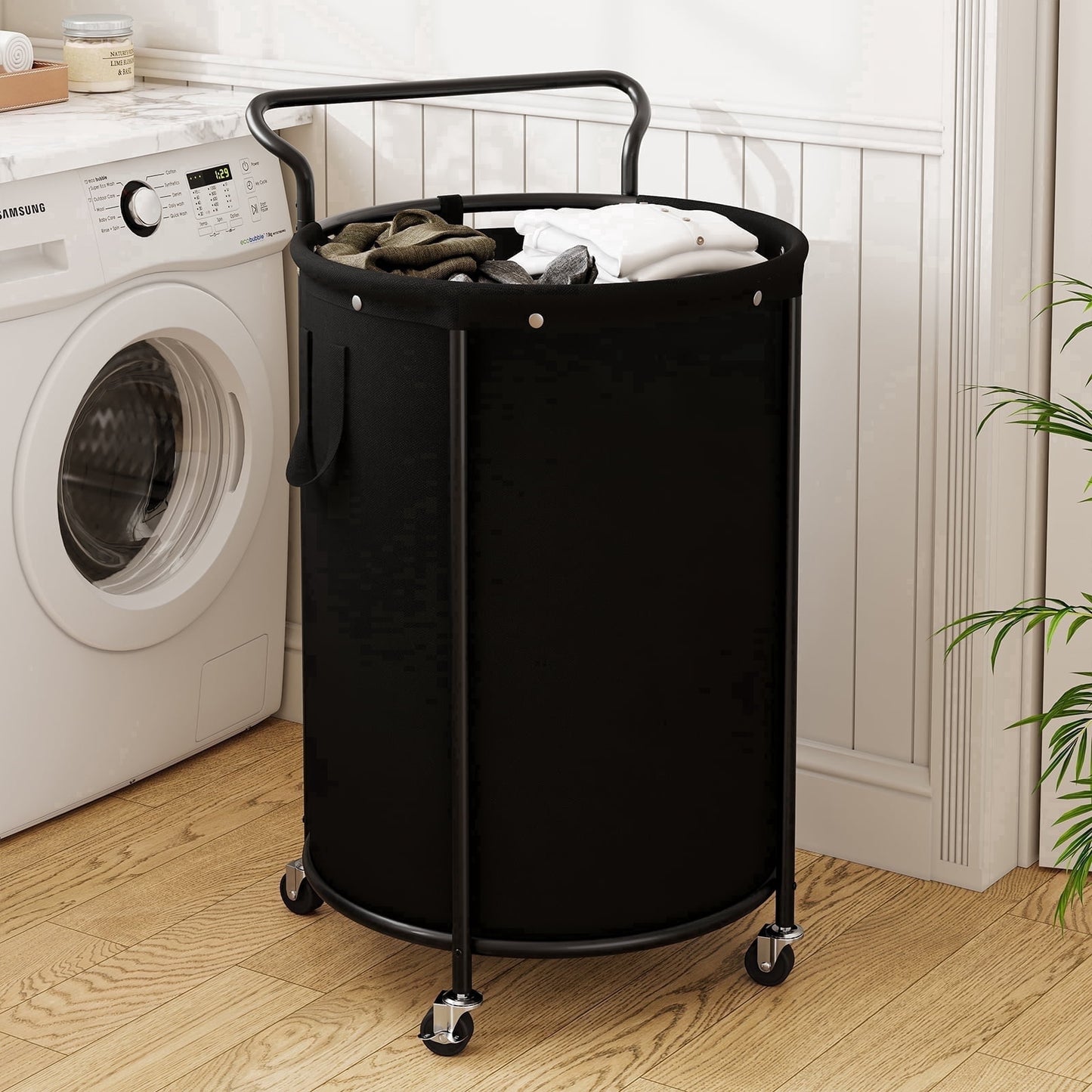 BGTREND 160L Rolling Laundry Hamper with Removable Bag, Round Steel Frame and Handle, Ideal for Dorm & Laundry Room , Black