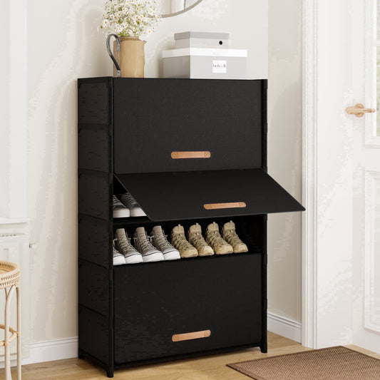 BGTREND 7 Tier Shoe Rack with Covers Shoe Storage Organizer Holds 28 Pairs for Closet Entryway Hallway, Black