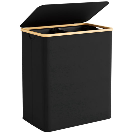 BGTREND 148L Double Laundry Basket with Lid, Clothes Hampers for Laundry with Bamboo Handles and Removable Liner Bags, Collapsible Laundry Sorter Dirty Clothes Hamper (Black)