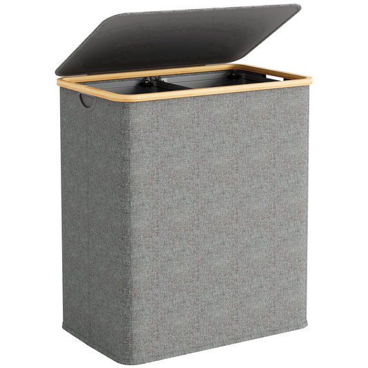 BGTREND 148L Double Laundry Basket with Lid, Clothes Hampers for Laundry with Bamboo Handles and Removable Liner Bags, Collapsible Laundry Sorter Dirty Clothes Hamper (Gray)