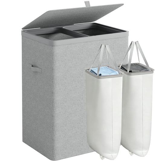 BGTREND 150L Double Laundry Hamper with Lid, 2 Removable Washing Bags with Handles, Large Clothes Sorter for Easy Separation (Gray)