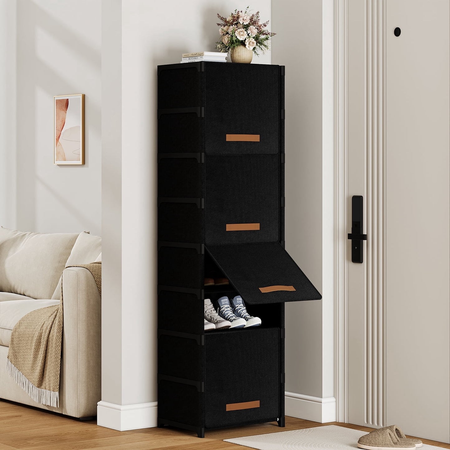 BGTREND 9 Tier Narrow Shoe Rack with Covers Shoe Storage Organizer Holds 18 Pairs for Closet Entryway Hallway, Black