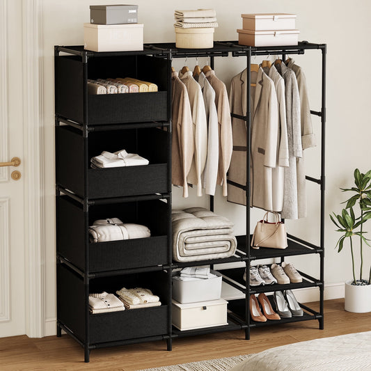 BGTREND Portable Closet, Large Capacity Wardrobe Closet, Clothes Organizer with Shelves 4 Storage Baskets and 2 Hanging Rods, Black