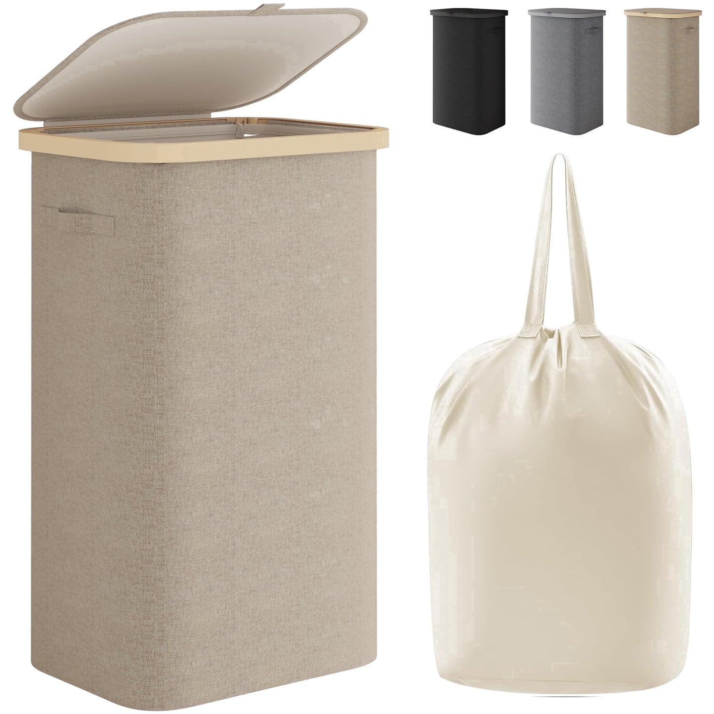 BGTREND Slim Laundry Hamper with Lid 105L Foldable Clothes Basket with Removable Mesh Bag & Handle for Closet Bathroom Bedroom (Beige)