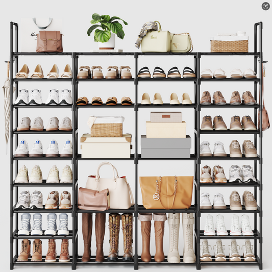 BGTREND 9 Tiers Large Shoe Rack 4 Columns Metal Shoe Storage Organizer 60-65 Pairs Joinable Shoe Tower for Closet Entryway (62 inches, Black)