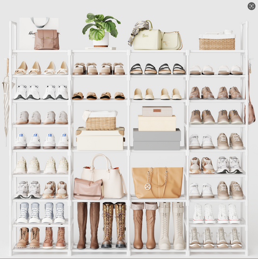 BGTREND 9 Tiers Large Shoe Rack 4 Columns Metal Shoe Storage Organizer 60-65 Pairs Joinable Shoe Tower for Closet Entryway (62 inches, White)