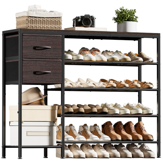 BGTREND 5-Tier Shoe Rack with Wooden Top and 2 Drawers, 16-21Pairs Shoe Storage Organizer with Boots Storage for Entryway Hallway Closet (Brown)